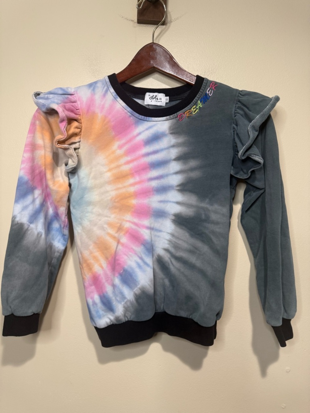 LOLA + THE BOYS  "Dreamer" Tie-Dye Ruffle Sleeve Sweatshirt Rainbow girls 10